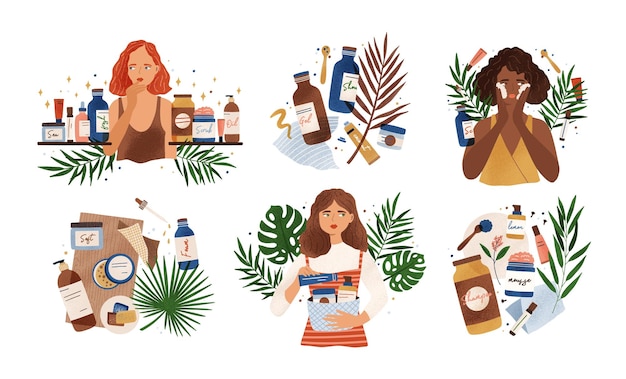 Lot de compositions avec de jolies jeunes femmes, des feuilles tropicales et des produits cosmétiques bio naturels en flacons, pots et tubes pour les soins de la peau. Ensemble de routine de soins de la peau. Illustration vectorielle de dessin animé plat.