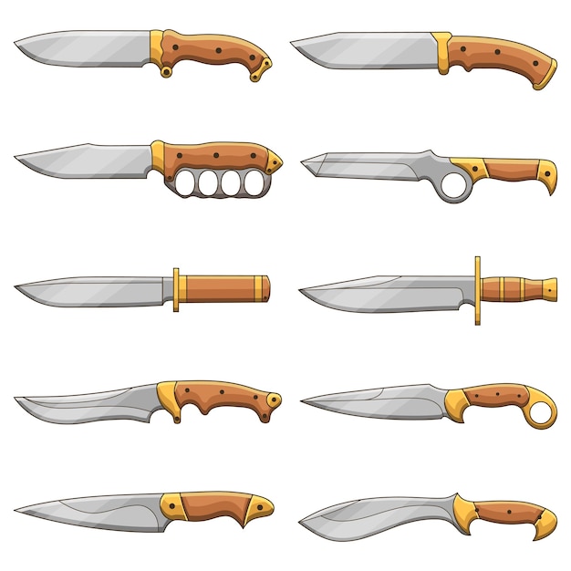 Lot de divers types de couteaux et poignards dessin au trait doodle