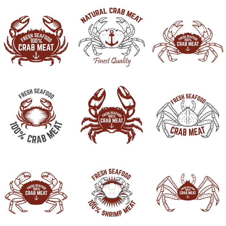 Vecteur lot d'étiquettes de chair de crabe. fruits de mer frais. éléments pour logo, étiquette, emblème, signe. illustration.