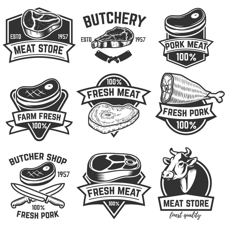 Vecteur lot d'étiquettes de magasin de viande. boucherie. éléments pour logo, étiquette, emblème, signe, marque. illustration.