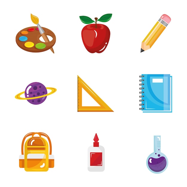 Lot de neuf icônes de collection de jeu de retour à l'école