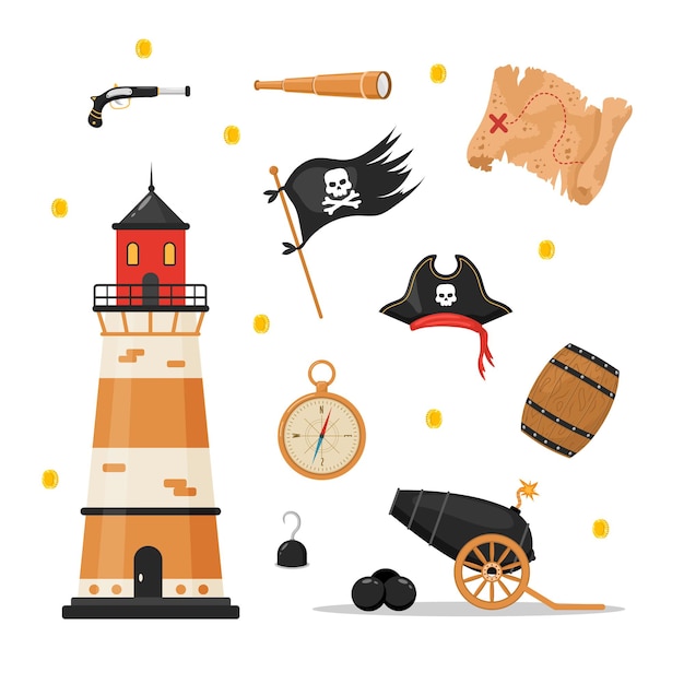 Lot D'objets Pirates. Collection De Piratage Isolé Sur Fond Blanc.