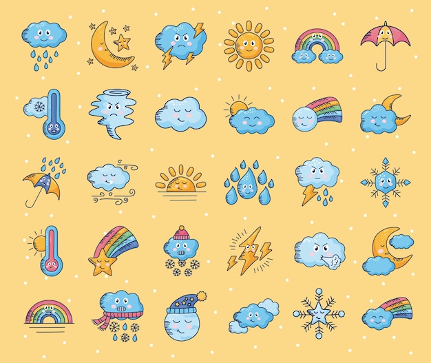 Lot de trente dessins d'illustration de personnages de bande dessinée météo kawaii