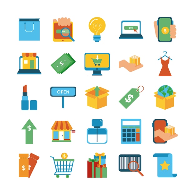 Lot De Vingt-cinq Icônes De Collection De Jeu Shopping Vector Illustration Design