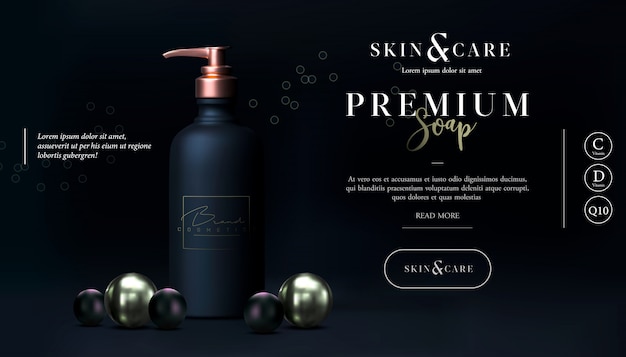 Lotion Pour Le Corps Cosmétique élégante Pour Les Soins De La Peau. Conception De Promo De Savon. Gel Lavant Ou Nettoyant En Flacon En Or Noir Avec Pompe. Affiche, Dépliant Ou Bannière Web D'emballage De Savon Liquide. Bannière Promo Noir Maquette.