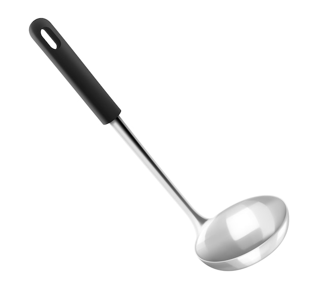 Vecteur louche à soupe en métal argenté pour les premiers plats isolés sur fond blanc cuillère en acier inoxydable avec poignée noire illustration vectorielle 3d réaliste ustensiles de cuisine pour la vaisselle de cuisine
