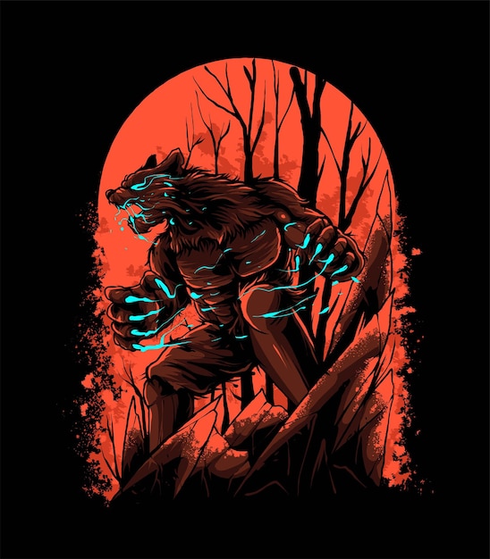 Loup-garou en colère sur l'illustration vectorielle de la lune de sang rouge, adaptée aux produits de t-shirt, de vêtements, d'impression et de marchandises