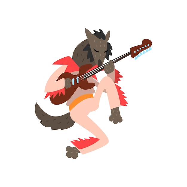 Loup jouant de la guitare électrique personnage d'animal de dessin animé avec vecteur d'instrument musical Illustration isolée sur un fond blanc