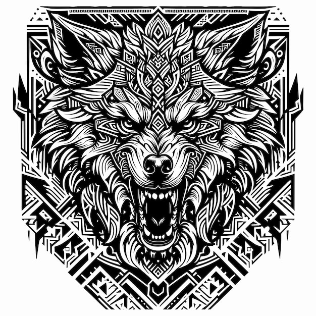 Loup Noir Et Blanc Avec Un Motif Tribal Sur Un Vecteur De Fond Noir