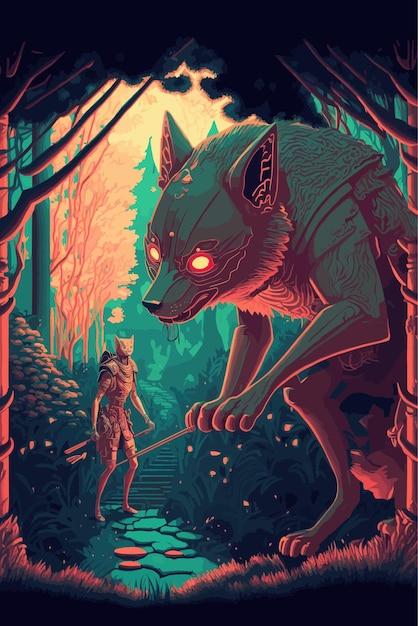 Vecteur un loup renard démon attaquant un mystérieux guerrier. dessin animé japonais, style d'art numérique.