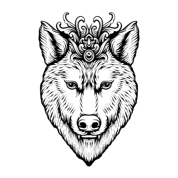 Vecteur loup rouge couronne ornement illustration conception de tatouage noir et blanc