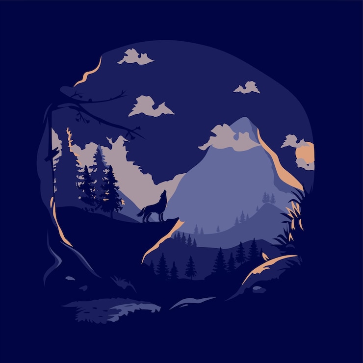 Vecteur loup solitaire sous la lune