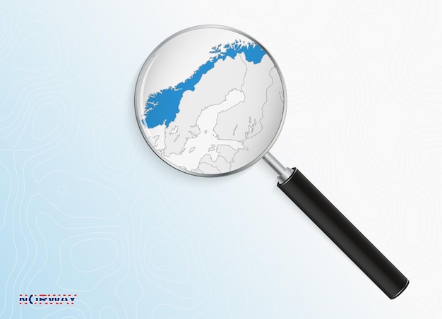 Loupe avec carte de la Norvège sur fond topographique abstrait.