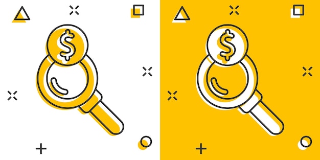 Loupe Avec Icône D'argent Dans Le Style Comique Illustration De Vecteur De Dessin Animé De Recherche De Dollar Sur Fond Isolé Blanc Concept D'entreprise D'effet D'éclaboussure De Monnaie Financière