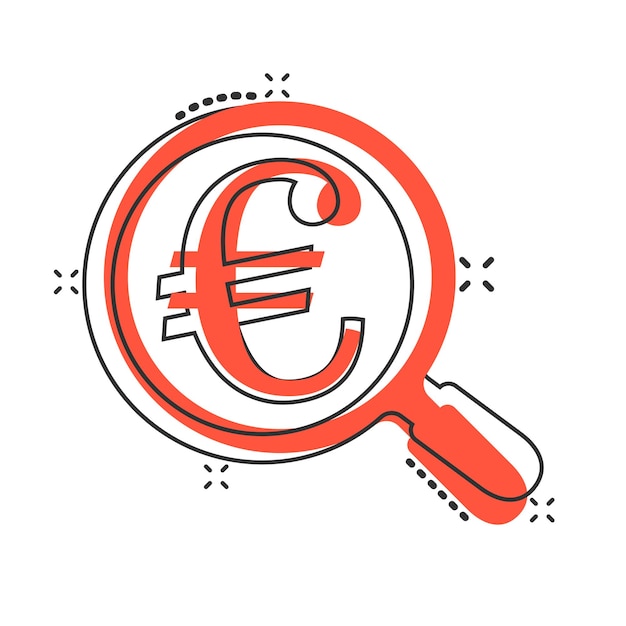 Vecteur loupe avec l'icône du signe euro dans le style comique loupe argent vector cartoon illustration pictogramme search bill business concept splash effect