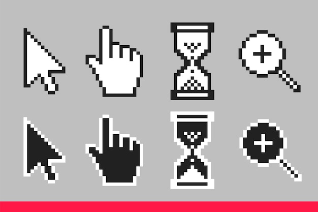 Loupe à main flèche noire et blanche et icônes de curseur de souris pixel sablier illustration vectorielle