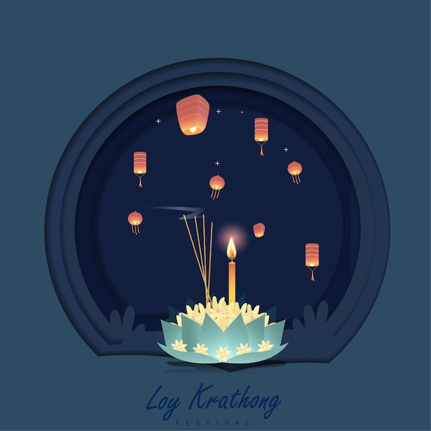 Loy Krathong Festival Travel Thailand Poster Design Background Vector Illustration.