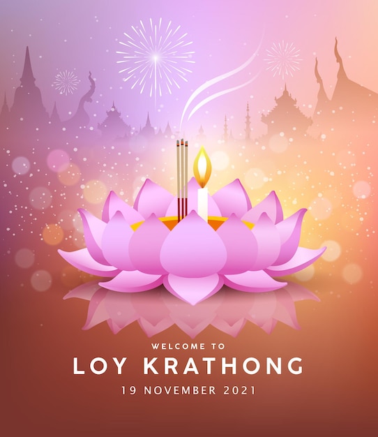 Loy Krathong Lotus Rose Festival De Thaïlande Au Fond De La Nuit Eps 10 Vector Illustration