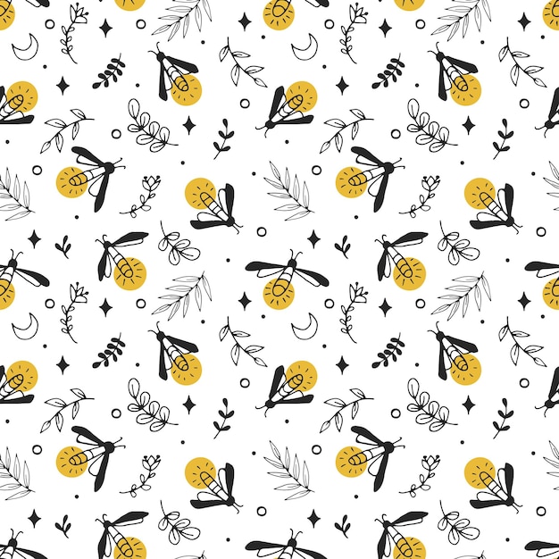 Lucioles Et Fleurs Doodle Modèle Sans Couture Impression Simple