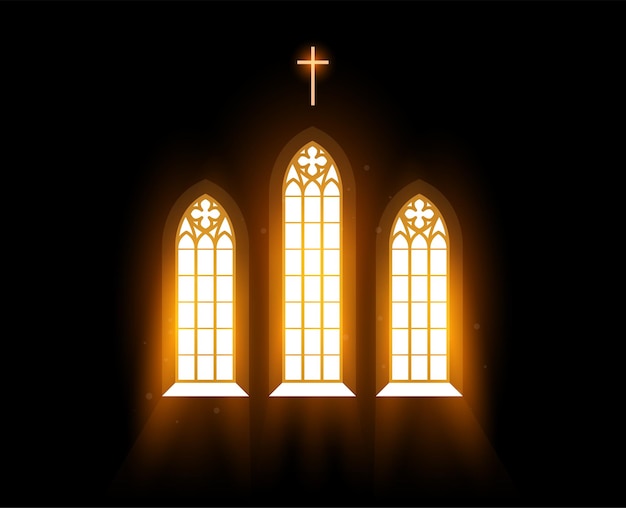 La lumière de bénédiction coule à travers la fenêtre de l'église l'éclat du matin via le vitrail dans le vecteur de prière de la liturgie du temple
