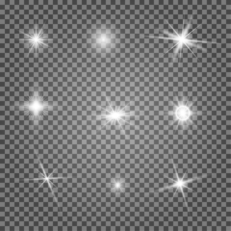 Vecteur lumière de la caméra. lueur de vecteur de scintillement d'étoile, point culminant d'étincelle. accent de lampe de poche isolé sur fond transparent. effet de reflet, paillettes de noël lumineuses. pack d'explosion magique amusant