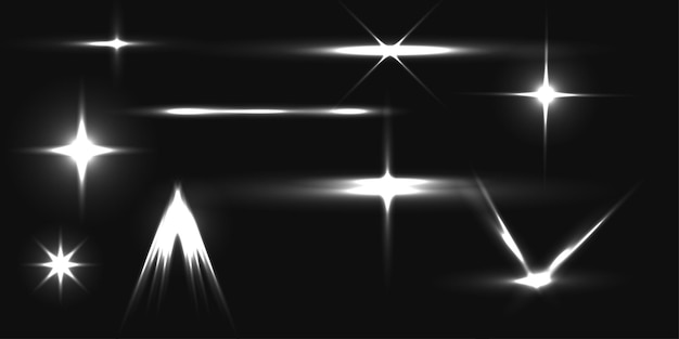 Lumière flash sur fond noir Effet d'étincelle de lueur vectorielle Allumage de lumière parasite abstraite Clignotant