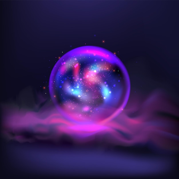 Lumière magique Aura néon Portail futuriste Boule étincelante dans un vortex Effet d'anneau LED Cadre circulaire ou scène Couleur de gradient Nuage de fumée violet mystérieux Arrière-plan abstrait vectoriel