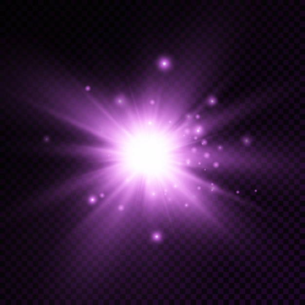 La lumière rougeoyante pourpre éclate les étoiles brillantes les rayons du soleil violets effet de lumière flare de soleil