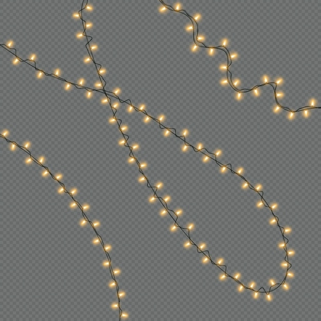 Lumières de Noël d'ampoules jaunes isolées sur fond transparent