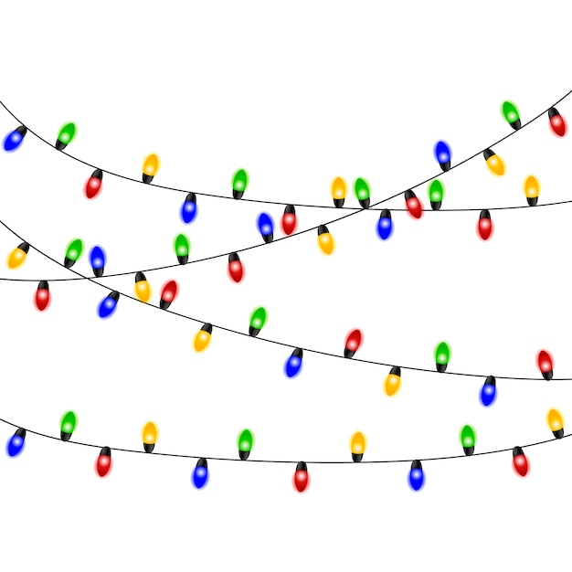 Lumières de Noël. Guirlande de Noël colorée. Ampoules de vecteur rouge, jaune, bleu et vert lueur sur des fils isolés. décorations de Noël