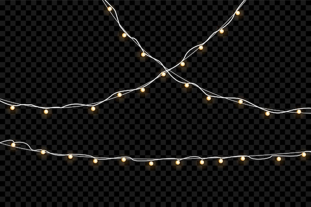 Lumières de Noël isolées sur fond transparent. Guirlandes pour cartes, bannières, affiches, conception de sites Web. Ensemble de lampe néon led guirlande lumineuse de Noël doré