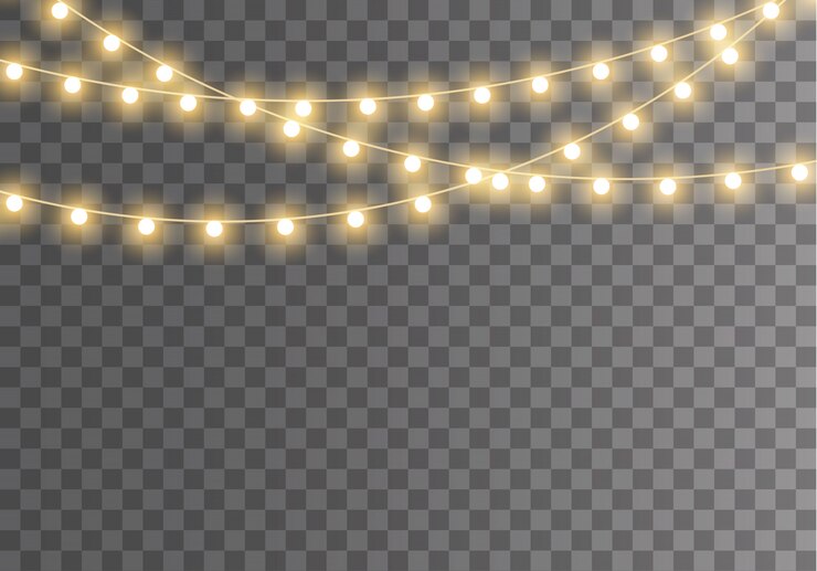 Vecteur lumières de noël isolées sur fond transparent pour cartes, bannières, affiches, conception de sites web. ensemble de guirlande rougeoyante de noël doré illustration de lampe néon led