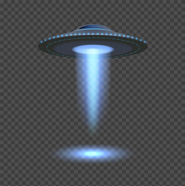 Lumières d'ovni bleus. Projecteur de vaisseau spatial extraterrestres, objet spatial 3d isolé sur fond transparent. Rayons volants, élément de vecteur de navire futuriste. Projecteur d'ovni d'illustration, vaisseau spatial extraterrestre