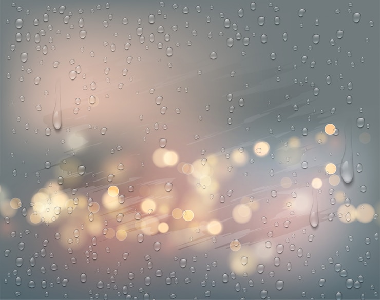 Vecteur lumières de la ville de nuit vue à travers une fenêtre brumeuse avec des gouttes de pluie.