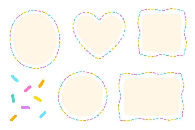 Vecteur lumineux coloré moins dash ligne doodle coeur cercle carré ovale rectangle note forme bordures cadres