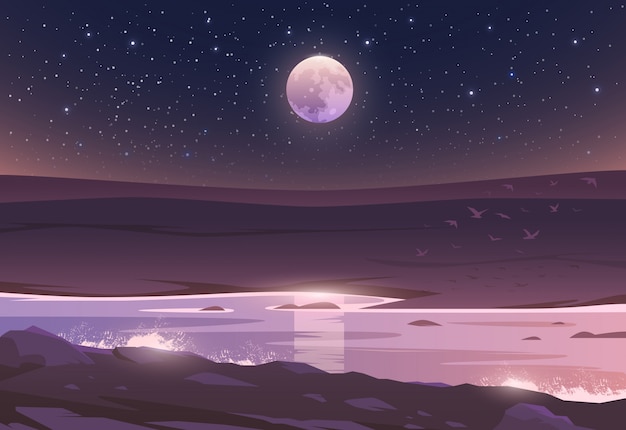 Vecteur la lune au-dessus d'une vallée et d'une rivière. paysage incroyable. illustration. vue passionnante. la vie est belle.