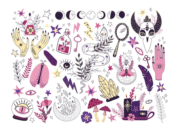 Lune boho et cristal Logo de yoga magique avec œil et main de quartz Astrologie tatouage hippie Plante avec feuilles Symboles écosystémiques célestes Éléments mystiques Set modèle d'arrière-plan vectoriel