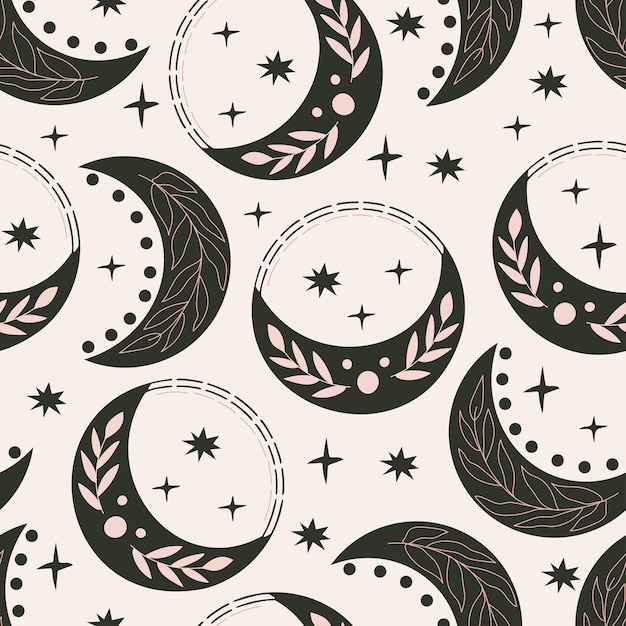 La lune, le croissant d'étoiles, la magie, le motif Boho pour l'astrologie, l'ésotérisme, le mysticisme et la magie du Tarot, l'illustration vectorielle dessinée à la main.