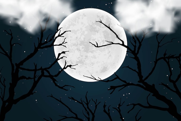 Lune Dans Le Ciel Nocturne Avec Branche D'arbre Modèle De Style Halloween Heureux Fond D'écran Conception De Bannière