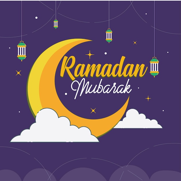 Vecteur la lune du ramadan dans le ciel violet foncé arrière-plan du ramadan moubarak du ramadan kareem modèle de typographie