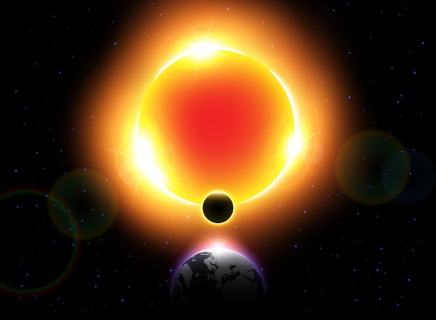 Vecteur la lune d'éclipse solaire se déplace autour du monde et cache la lumière du soleil.
