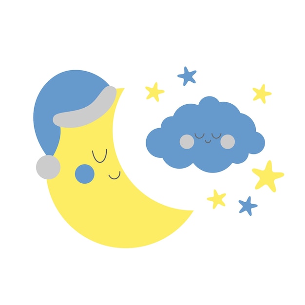 Vecteur lune endormie avec nuage bleu et étoiles bleues pour l'illustration de la décoration de la chambre du bébé