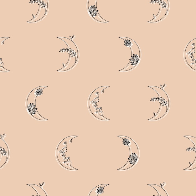 Lune avec des fleurs en motif de style linéaire dans un style dessiné à la main