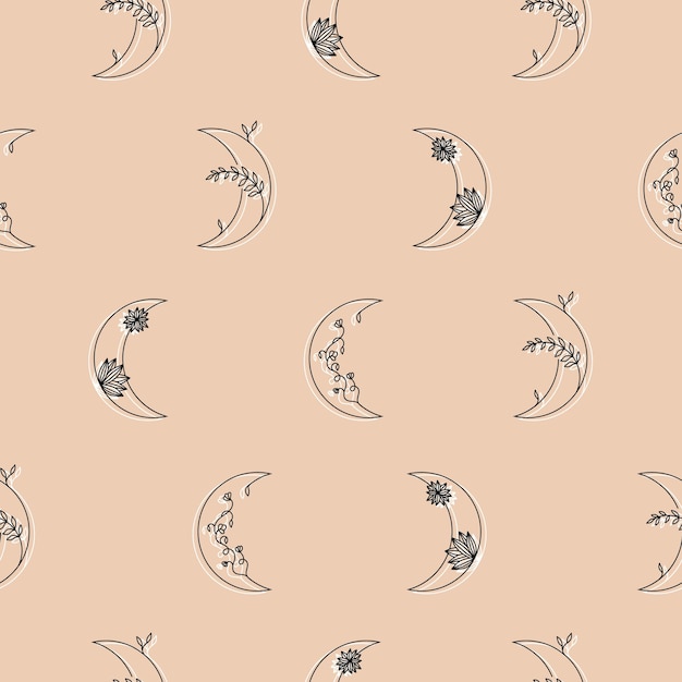 Vecteur lune avec des fleurs en motif de style linéaire dans un style dessiné à la main