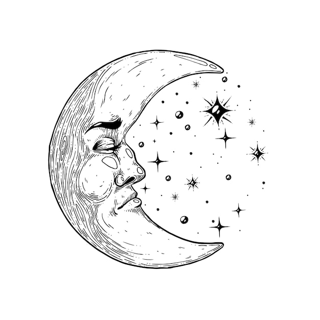 La lune mystique du visage Illustration d'art vectoriel fait à la main Fabriqué avec un stylo et de l'encre