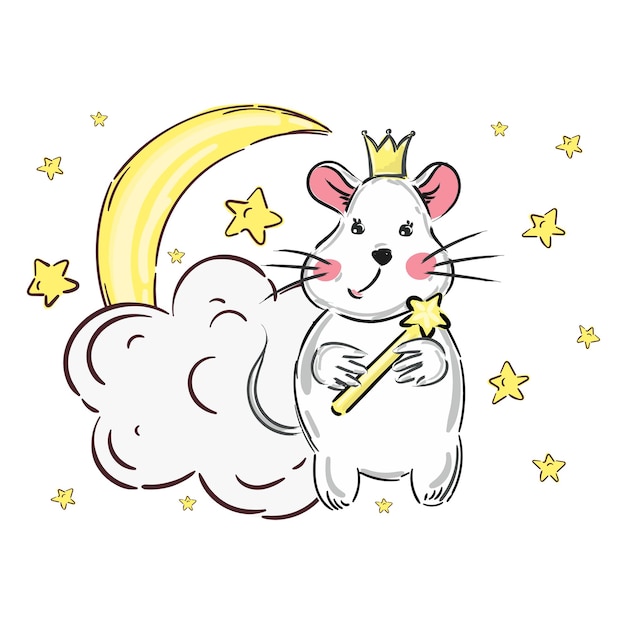 Lune et nuages de souris de dessin animé mignon avec impression d'étoiles au coucher