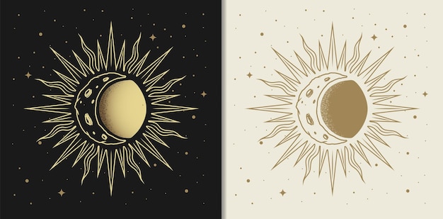 Vecteur lune et soleil embrassent une illustration symbolique luxueuse