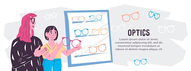 Vecteur lunettes et lunettes d'optique fond de bannière ou d'affiche lunettes et sélection d'optiques test de vision concept de bandeau illustration vectorielle plate isolée sur fond blanc