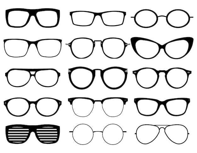 Vecteur lunettes modèle icônes homme femmes cadres lunettes de soleil lunettes silhouettes noires isolées sur blanc
