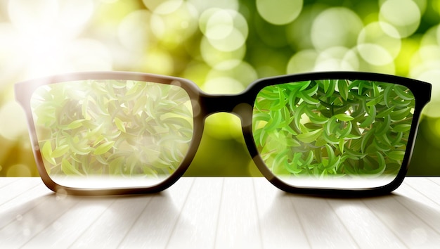 Lunettes modernes sur table en bois et dos bokeh